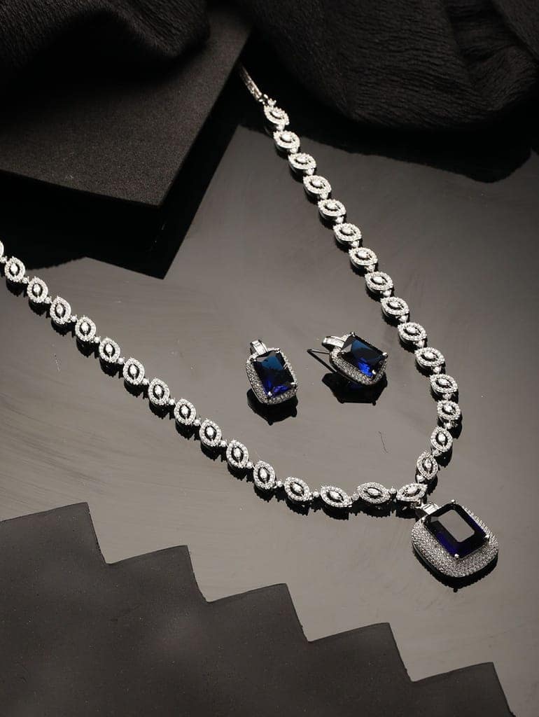 Silver Plated Blue CZ Studded StatementJewellery Set view 2