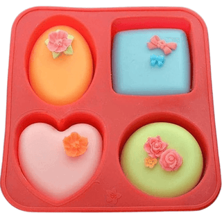 4 Cavity Different Basic Plain Square Heart Oval Round Soap Bar Silicone Mould Candle Making for Homemade (Pack of 1)