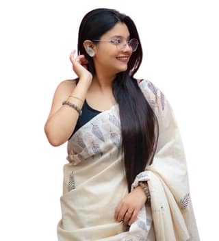 Women's Linen Printed Saree With Unstitched Blouse - 5.5 Mtr (Cream)