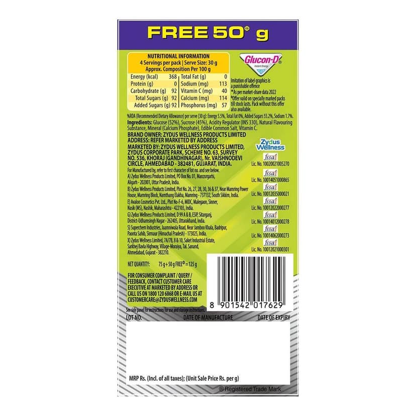 Glucon-D Nimbu Pani Glucose Powder (75g + 50g Extra)| For Tasty Tangy Flavoured Glucose Drink| Provides Instant Energy| Vitamin C Supports Immunity| Contains Calcium for Bone view 3