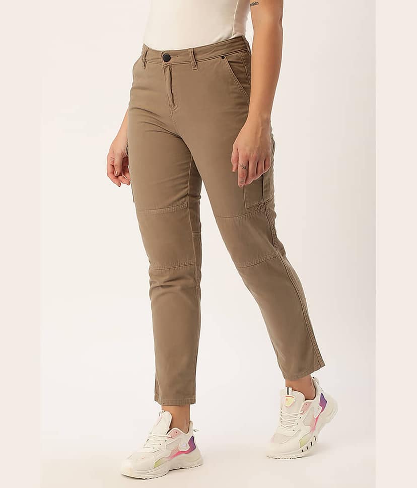 Women Alpine Green Slim Fit Solid Cargo Trousers view 3