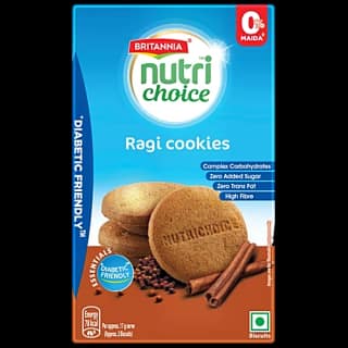 Britannia Nutrichoice Essentials Ragi Cookies - No Added Sugar & Diabetic Friendly, High Dietary Fibre, 150 G