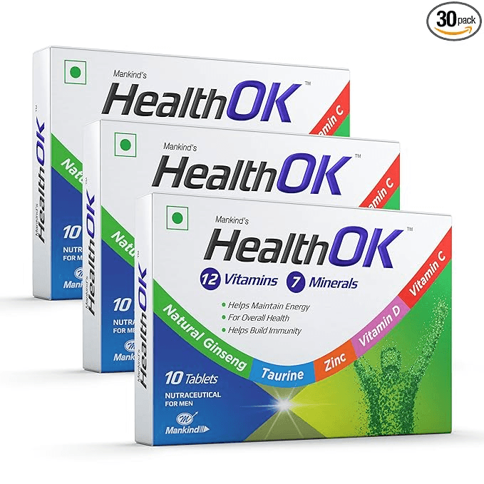 Health OK Multivitamin with Natural Ginseng Taurine power Daily Energy alertness Vitamin D C & other 17 multivitamins minerals for Overall Health 10 Tablets x Pack of 3