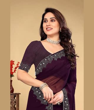 VEERAIVA Georgette Embroidered Saree With Unstitched Blouse Piece ( Lavender )