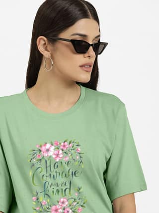 Women Pista Green Tee With A Printed Slogan