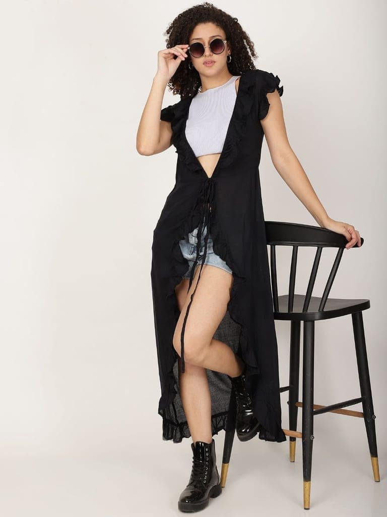 Long Ruffled Kimono shrug With Waist Tie Belt view 6