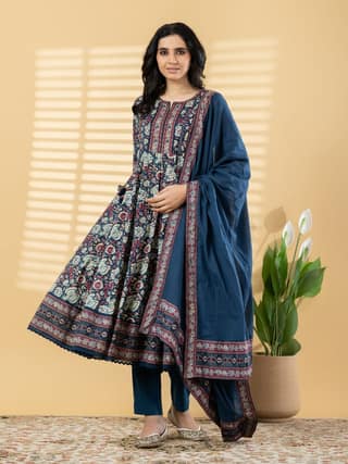 Women's Teal Blue Block Printed Cotton Anarkali Kurta Pant Dupatta Set