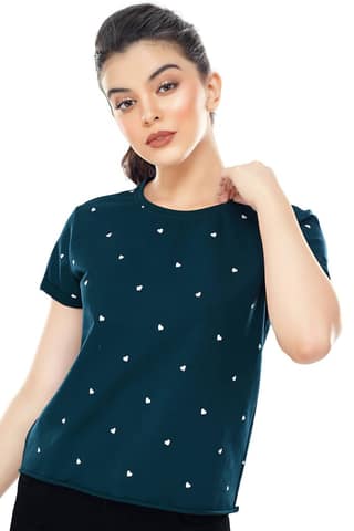 Zeyo Women Cotton Bottle Green Heart Printed Short Sleeve Crop Top