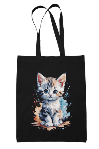 Prakrut India Cotton Canvas Tote Bag with Zipper & Inner Pocket, Cute Kitten Art Print