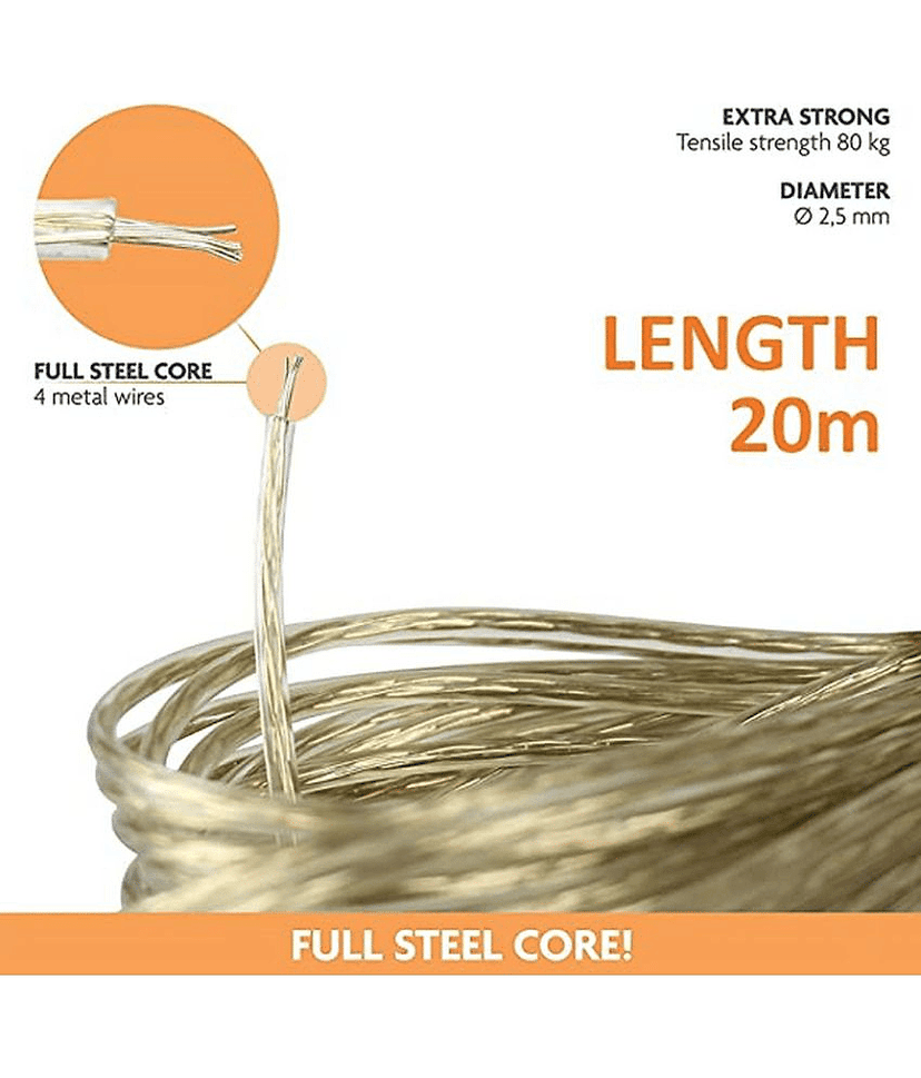( PACK OF 1) Cloth Drying Rope, PVC Coated Steel Anti-Rust Wire Rope Polypropylene, Stainless Steel Polypropylene, Stainless Steel Clothesline (20 m) view 2