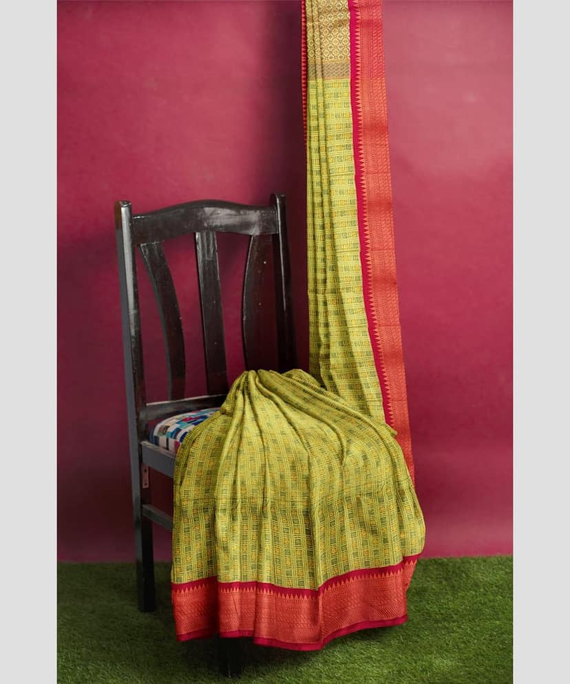 Light Green Color Small Checks Soft Kora Muslin Saree with Unstitched Blouse view 2