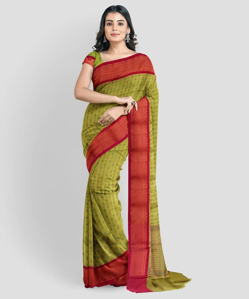 Light Green Color Small Checks Soft Kora Muslin Saree with Unstitched Blouse view 4