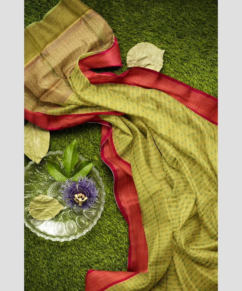 Light Green Color Small Checks Soft Kora Muslin Saree with Unstitched Blouse view 5