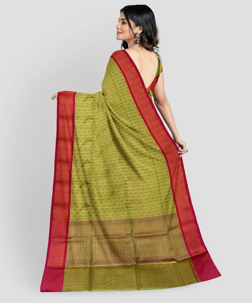 Light Green Color Small Checks Soft Kora Muslin Saree with Unstitched Blouse view 7