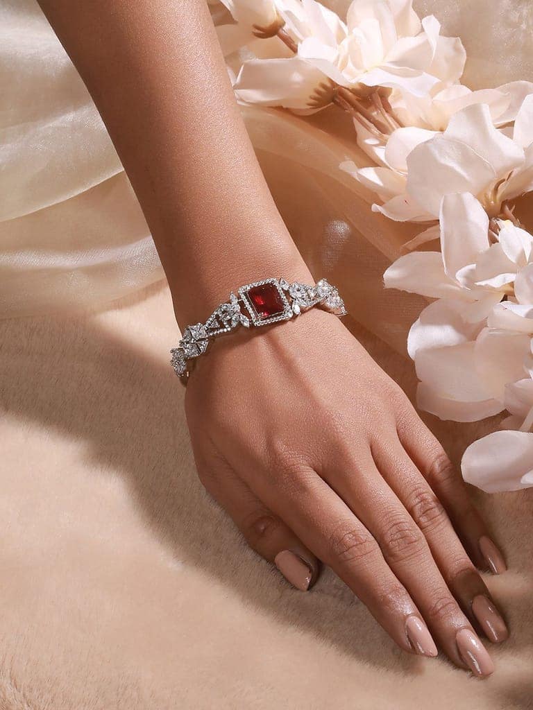 Silver Toned Red Zircon Studded Designer Kada Bracelet view 2