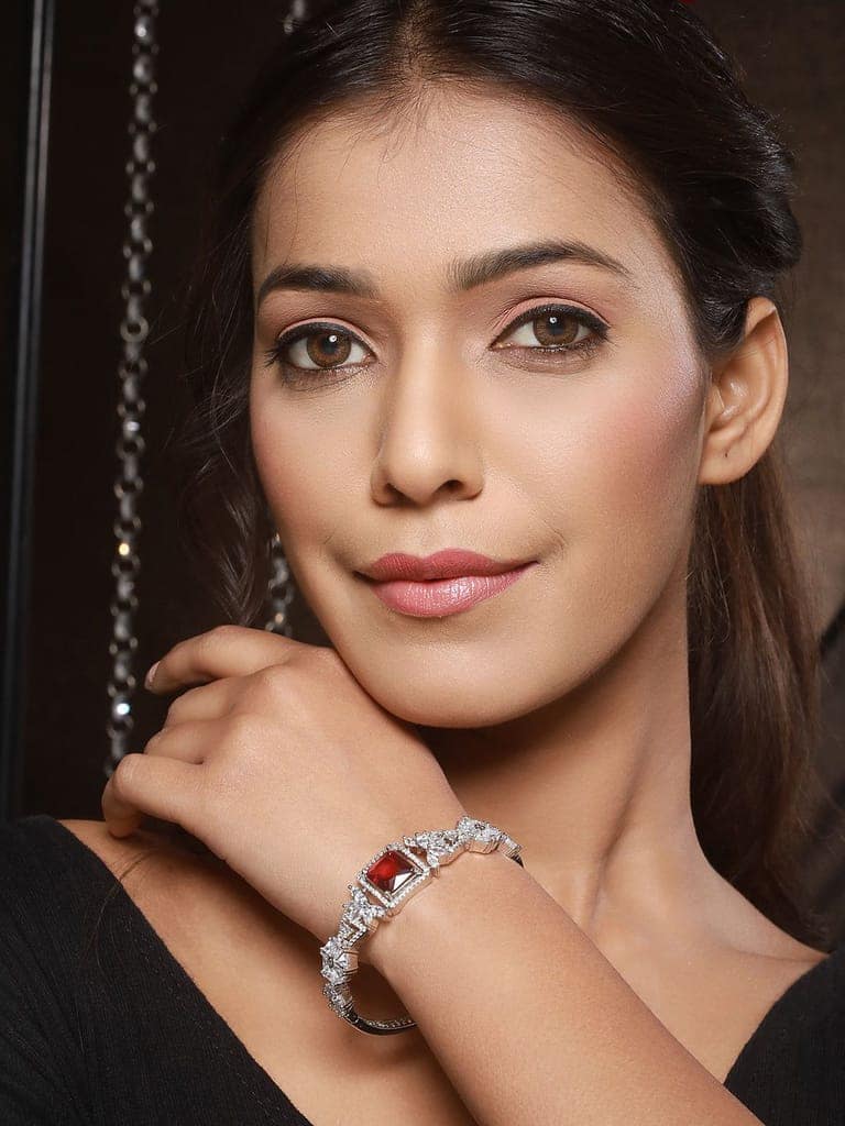 Silver Toned Red Zircon Studded Designer Kada Bracelet view 3