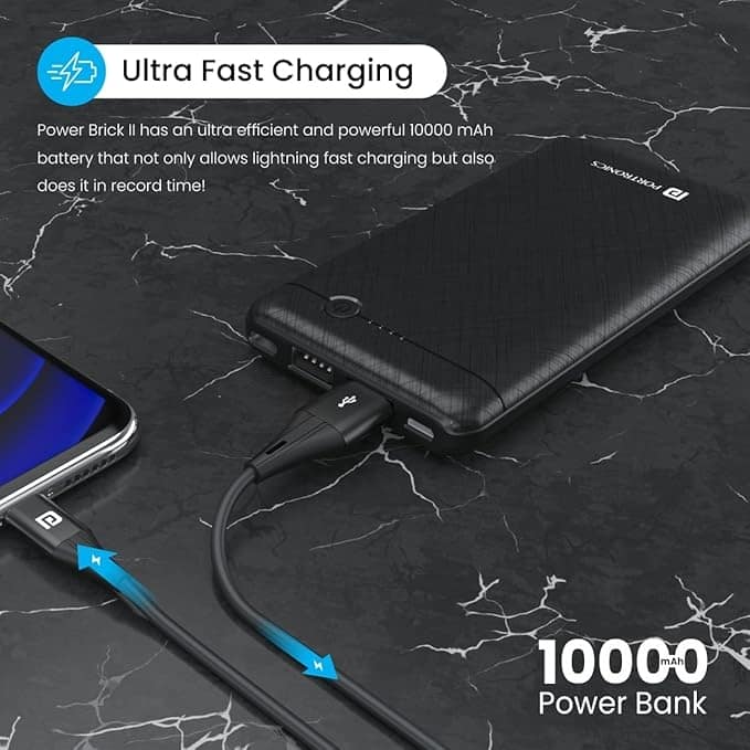 Portronics Power Brick II 10000 mAh,2.4A 12w Slim Power Bank with Dual USB Output Port for iPhone, Anrdoid & Other Devices. view 2