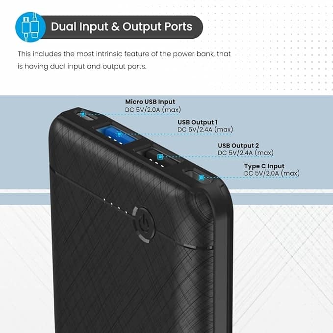Portronics Power Brick II 10000 mAh,2.4A 12w Slim Power Bank with Dual USB Output Port for iPhone, Anrdoid & Other Devices. view 3
