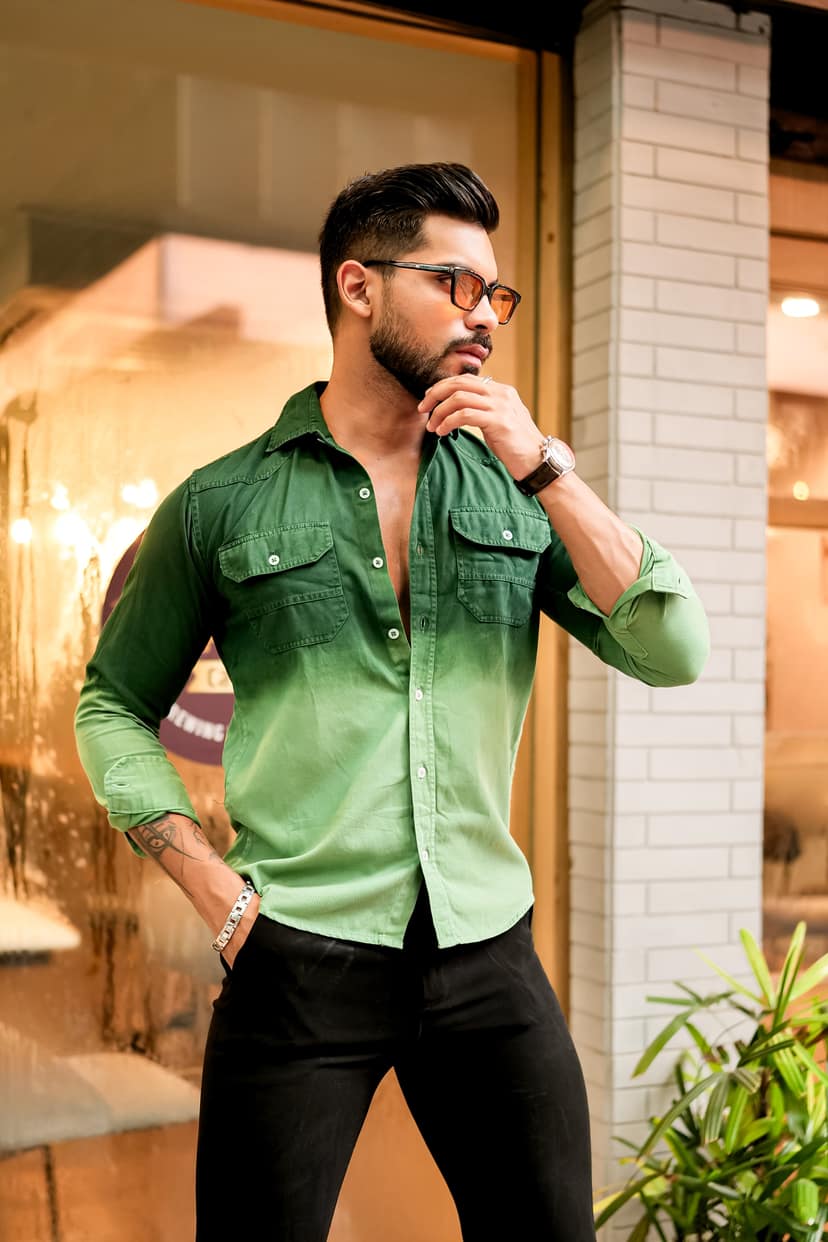 Green Double Shade Cotton RFD Designer Shirt