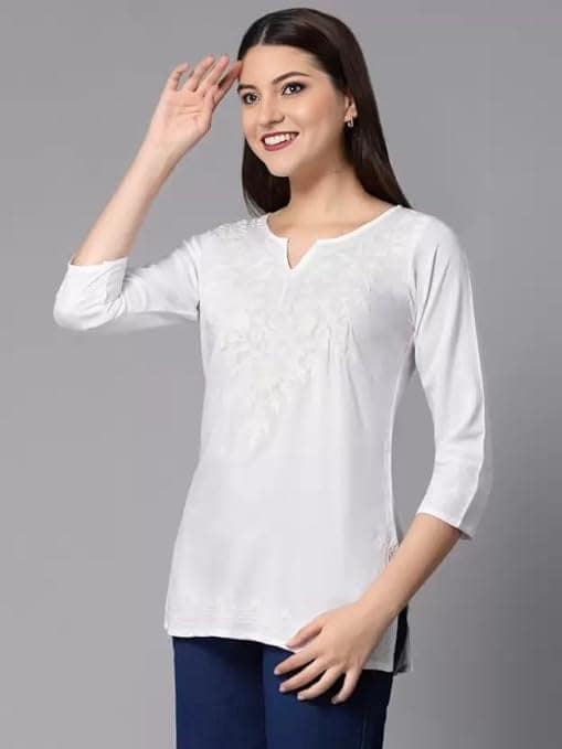 Women’s Chikankari Faux Georgette White Cotton Short Shirt Style Kurta view 2
