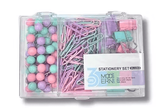 AccuPrints Pastel Stationery Clip Set with Push Pins, Paper Clips & Binder Clips – 3 Compartment Organizer Box