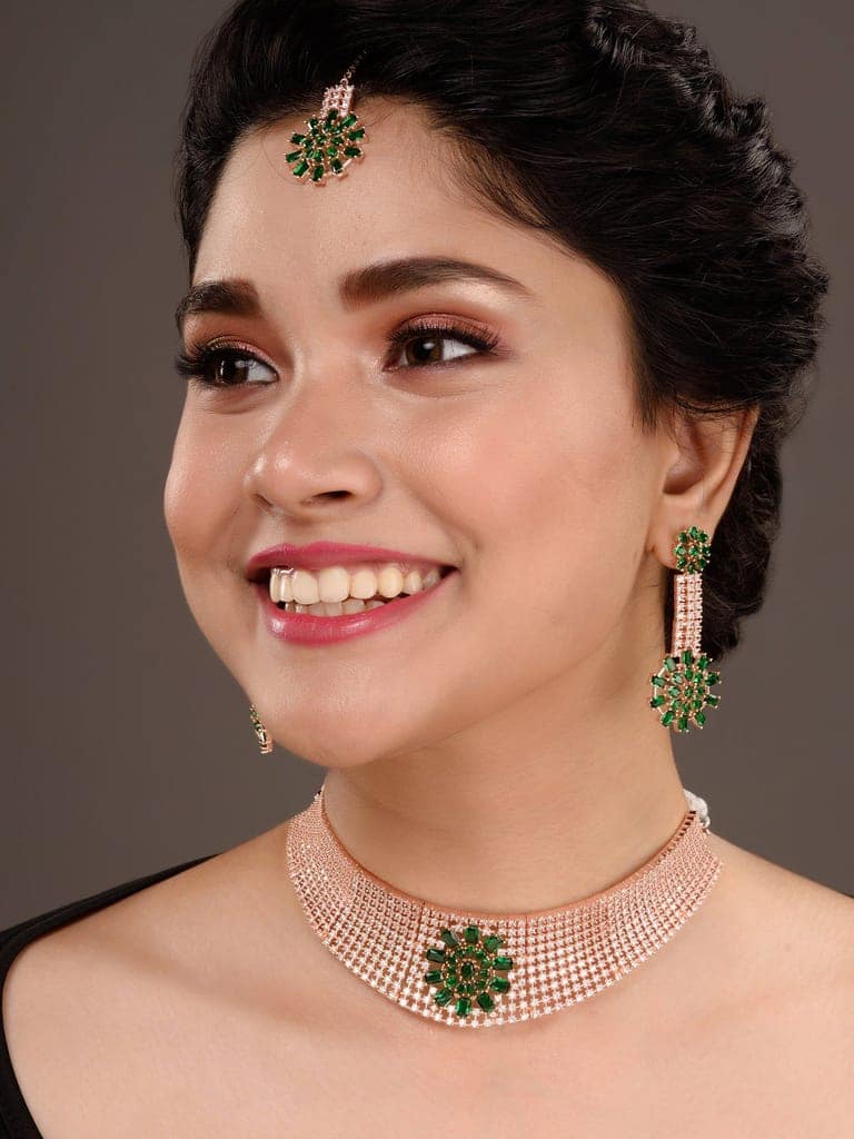 Rose gold Toned Green AD Studded Contemporary Choker Jewellery Set Tika view 10