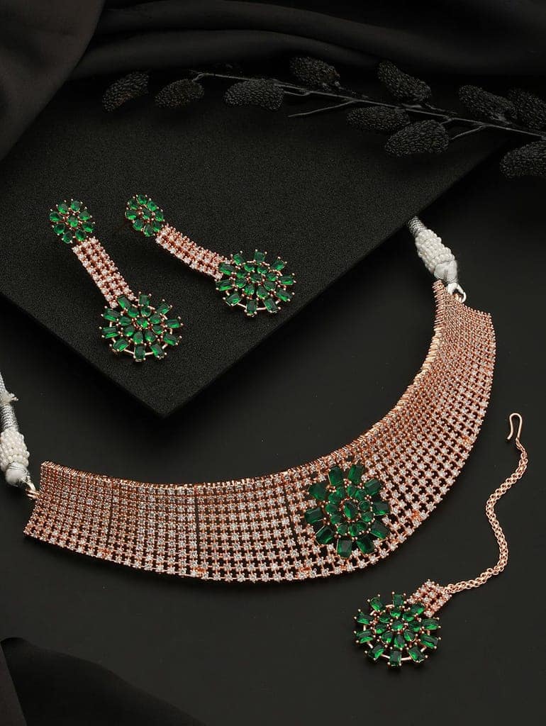 Rose gold Toned Green AD Studded Contemporary Choker Jewellery Set Tika view 2