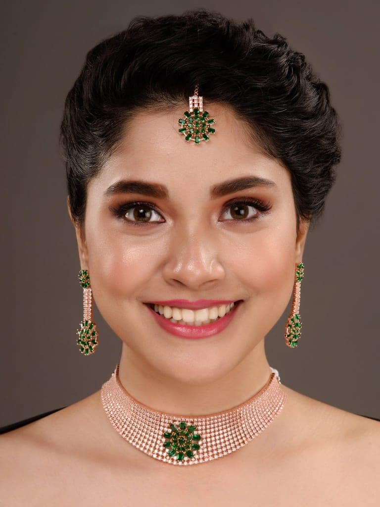 Rose gold Toned Green AD Studded Contemporary Choker Jewellery Set Tika view 3