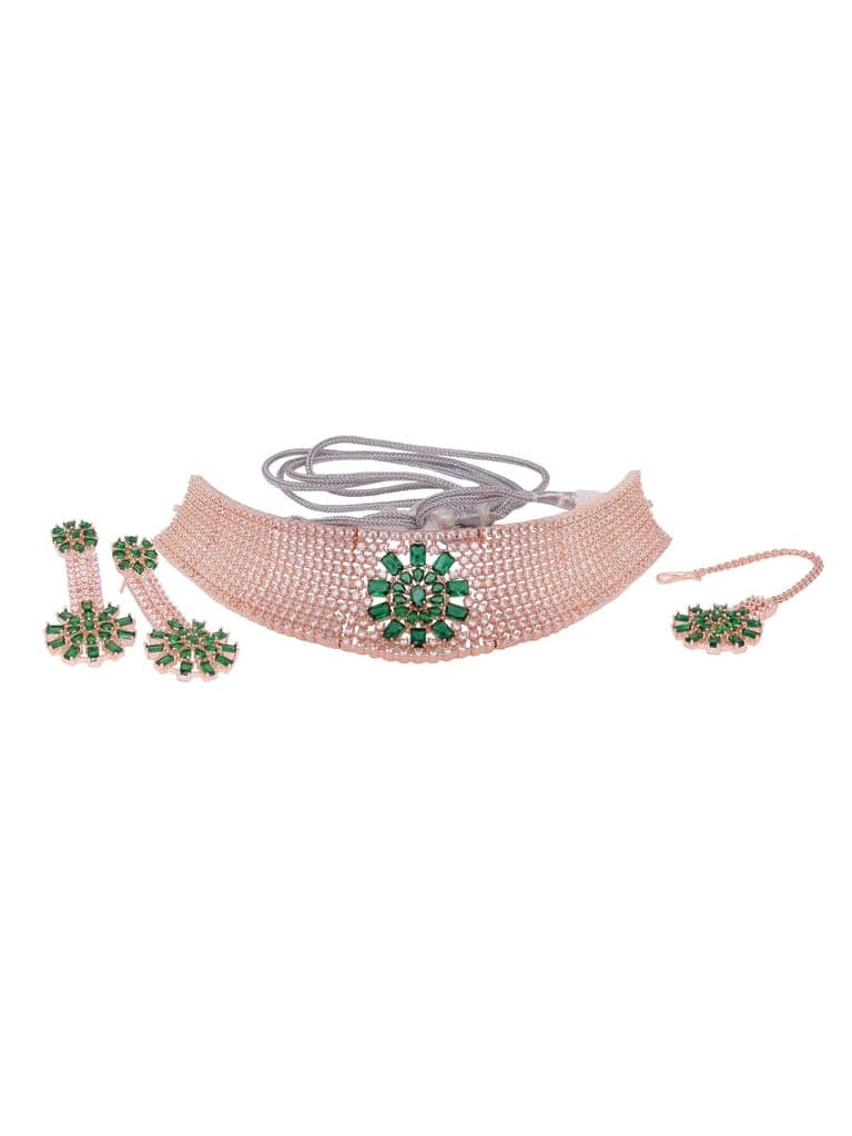Rose gold Toned Green AD Studded Contemporary Choker Jewellery Set Tika view 4