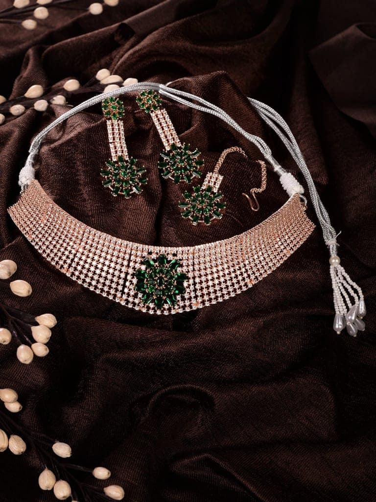 Rose gold Toned Green AD Studded Contemporary Choker Jewellery Set Tika view 9