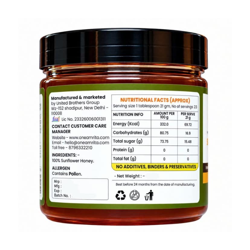OneAmrita Sunflower Honey - Raw & Unprocessed (250 g) - 250 gm - 1 Jar view 2