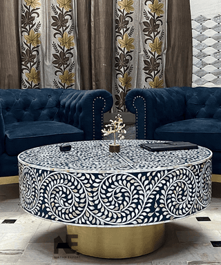 Oceanic Bliss Mother of Pearl Coffee Table – Handcrafted Round Inlay Center Table by Niktan (90x90x45 cm)