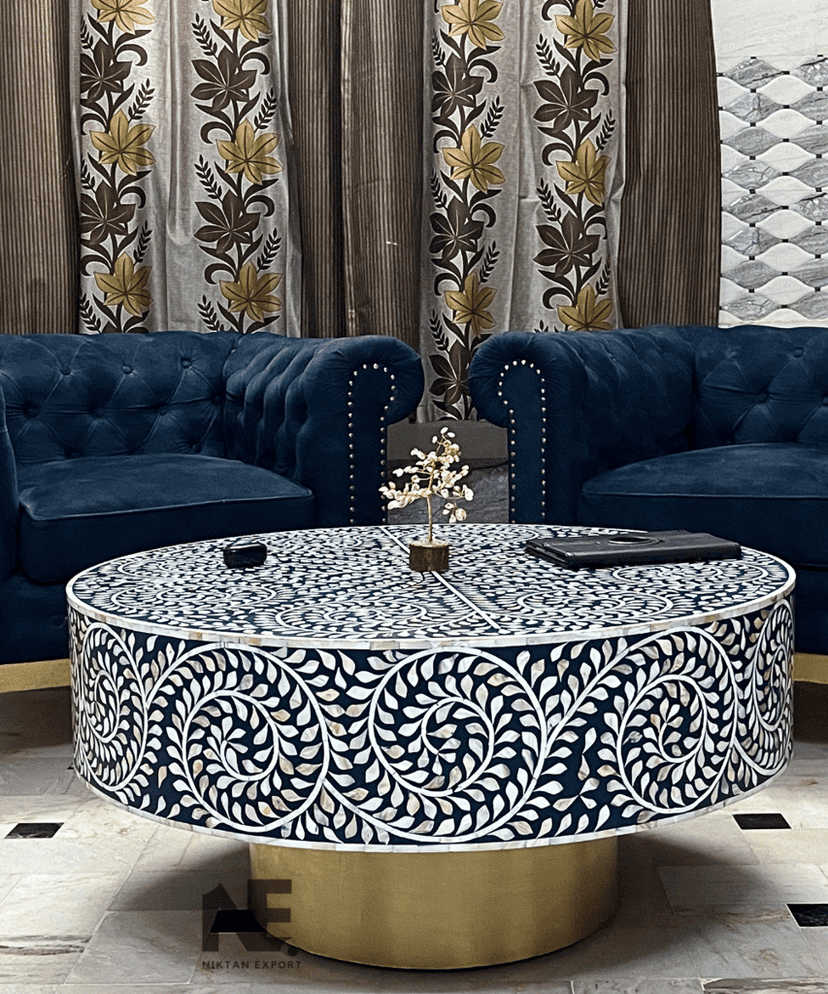 Oceanic Bliss Mother of Pearl Coffee Table – Handcrafted Round Inlay Center Table by Niktan (90x90x45 cm)