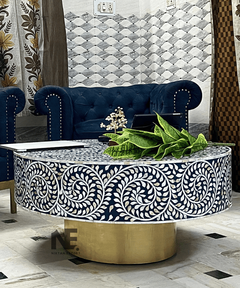 Oceanic Bliss Mother of Pearl Coffee Table – Handcrafted Round Inlay Center Table by Niktan (90x90x45 cm) view 2