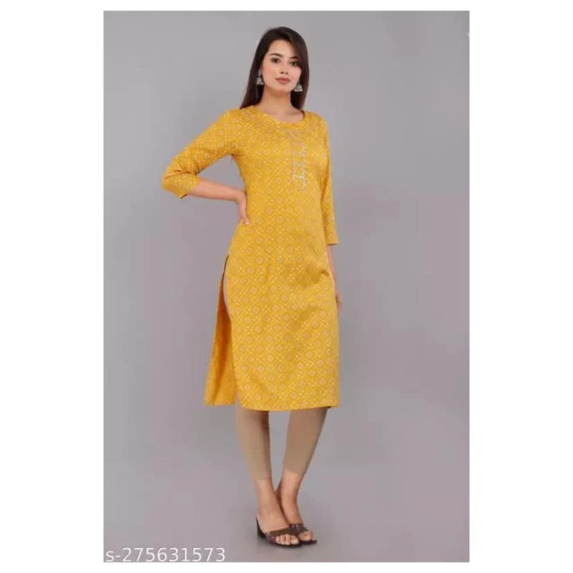 kurti for woman" Straight Printed Cotton Rayon Single Kurti Kurta. ( Yellow ) view 2