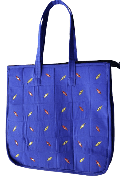 Royal Blue Quilted Cotton Tote Bag with Colorful Embroidery view 2