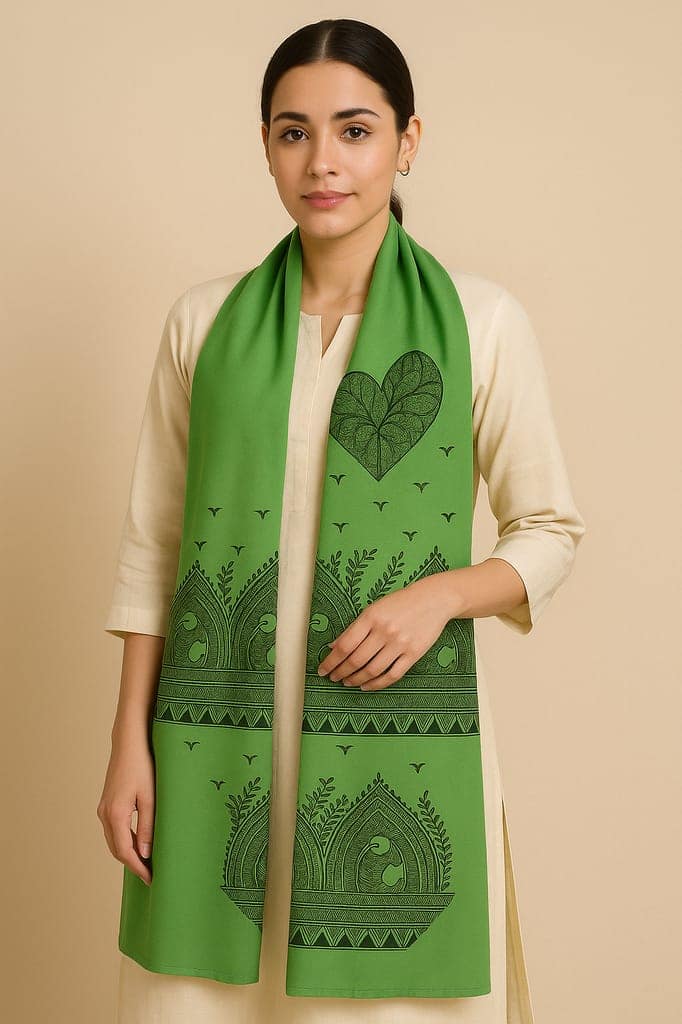 Handcrafted Madhubani Art Silk Stole – Green view 3