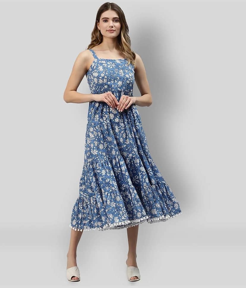 Divena Women Cotton Printed Fit & Flare Dress ( Navy Blue )