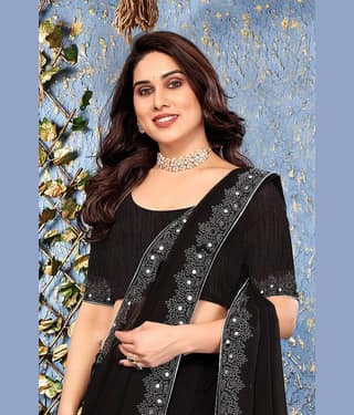 VEERAIVA Chiffon Embellished Regular Saree With Unstitched Blouse Piece ( Blue )