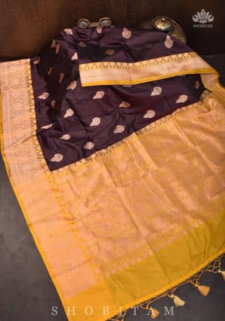 Deep Brown and Mustard Katan Banarasi Silk Saree |SILK MARK CERTIFIED