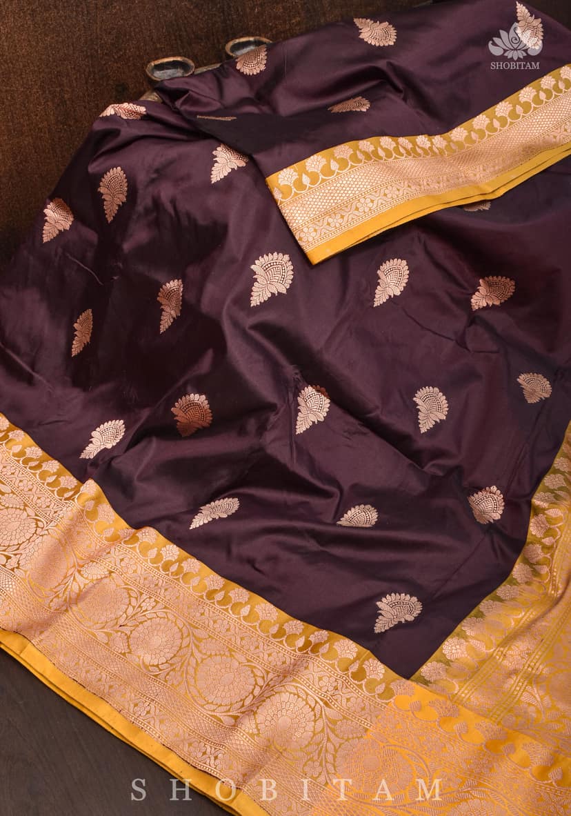 Deep Brown and Mustard Katan Banarasi Silk Saree |SILK MARK CERTIFIED view 2