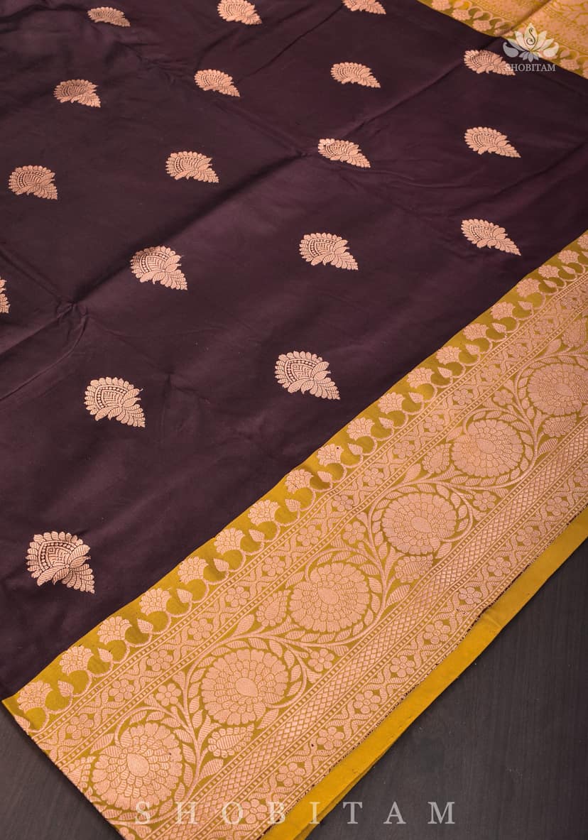 Deep Brown and Mustard Katan Banarasi Silk Saree |SILK MARK CERTIFIED view 4