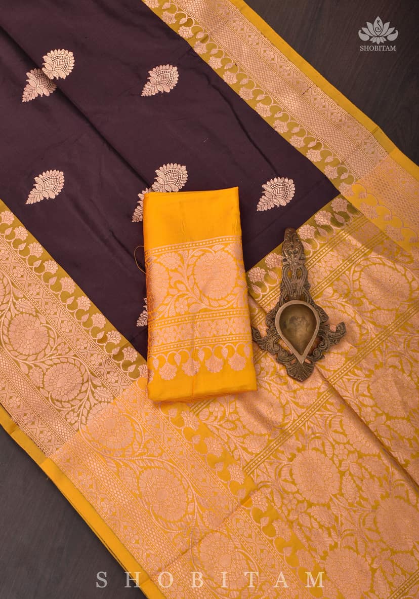 Deep Brown and Mustard Katan Banarasi Silk Saree |SILK MARK CERTIFIED view 6