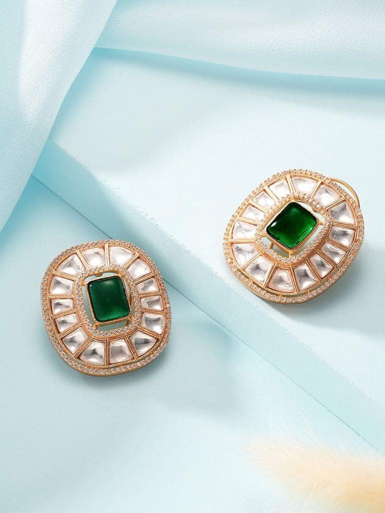 Gold Plated Green Emerald Uncut Polki Mossanite Designer Statement Studds Earrings view 3