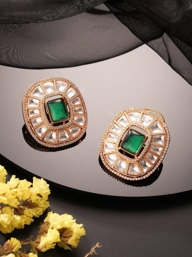 Gold Plated Green Emerald Uncut Polki Mossanite Designer Statement Studds Earrings view 5