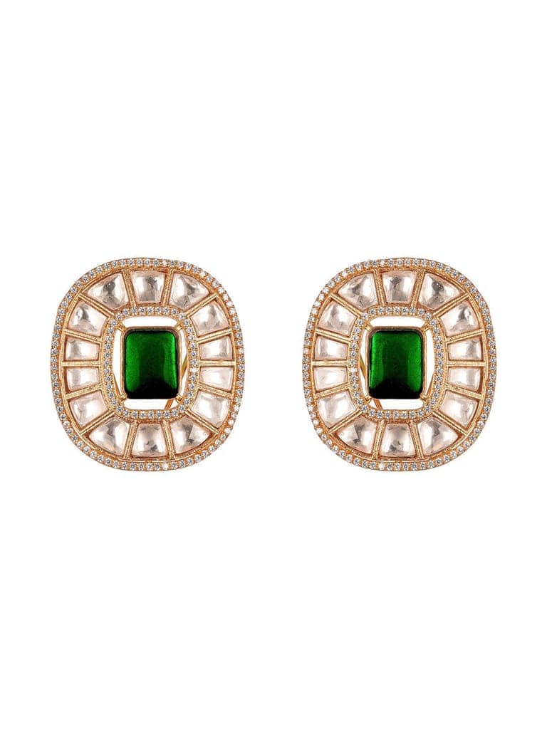 Gold Plated Green Emerald Uncut Polki Mossanite Designer Statement Studds Earrings view 7