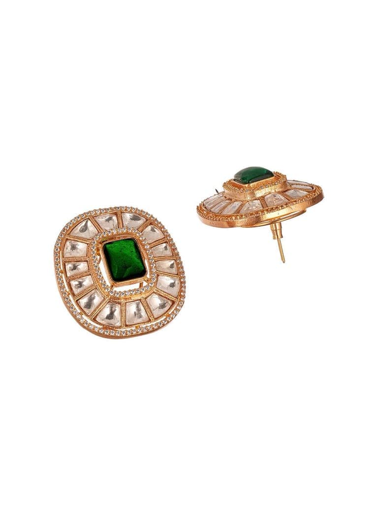 Gold Plated Green Emerald Uncut Polki Mossanite Designer Statement Studds Earrings view 8
