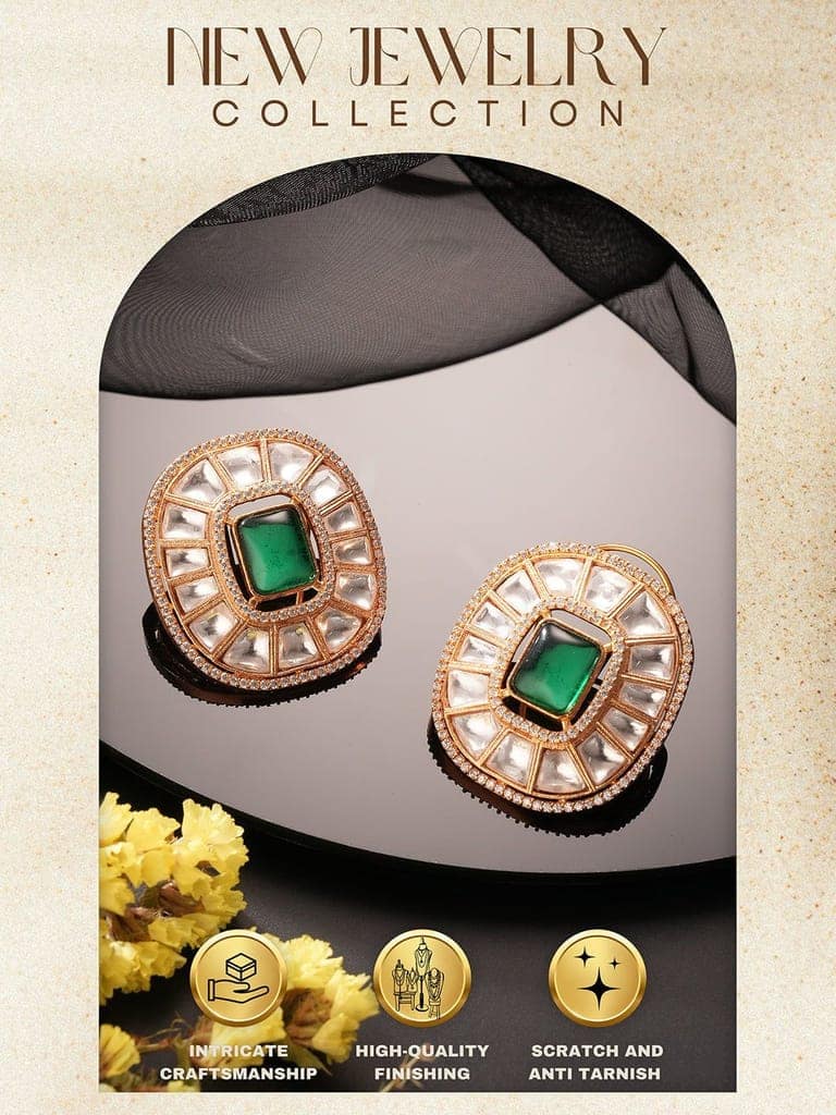 Gold Plated Green Emerald Uncut Polki Mossanite Designer Statement Studds Earrings view 9