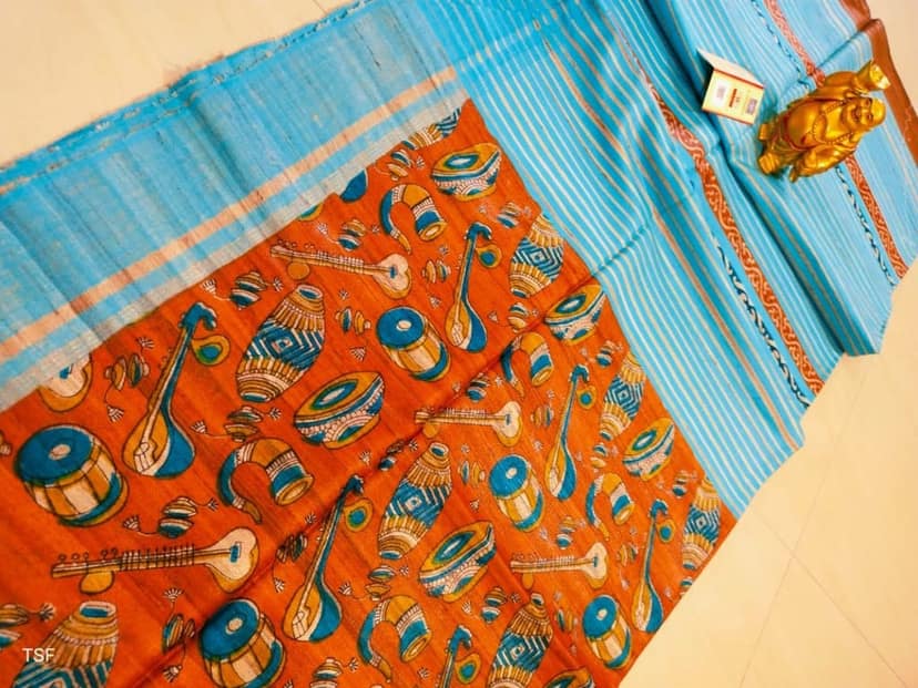 Silkmark Certified Tussar Silk Handloom Handblock Printed Orange Saree with Blouse-5475