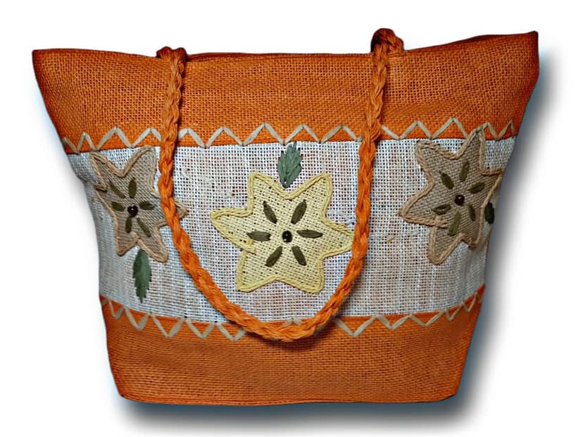 SS Eco-Life Light Weight Jute Tote Handbag for Women. Multicolour star flower Hand stitched and added decorative beads design.